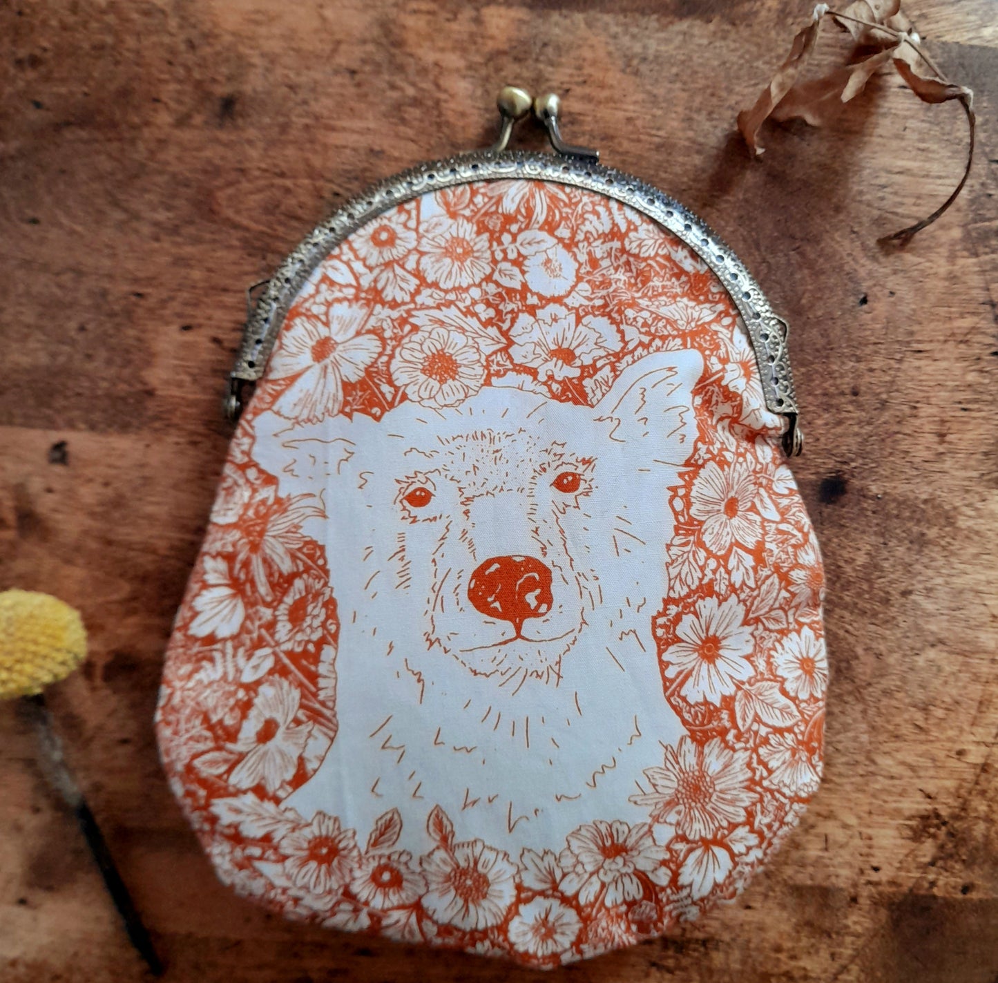 Sepia Orange White Wildflowers Bear Bronze Large Cotton Clasp Pouch