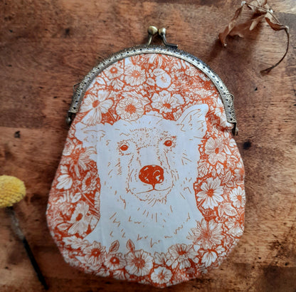 Sepia Orange White Wildflowers Bear Bronze Large Cotton Clasp Pouch