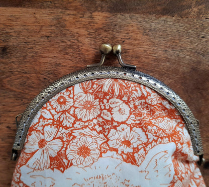 Sepia Orange White Wildflowers Bear Bronze Large Cotton Clasp Pouch