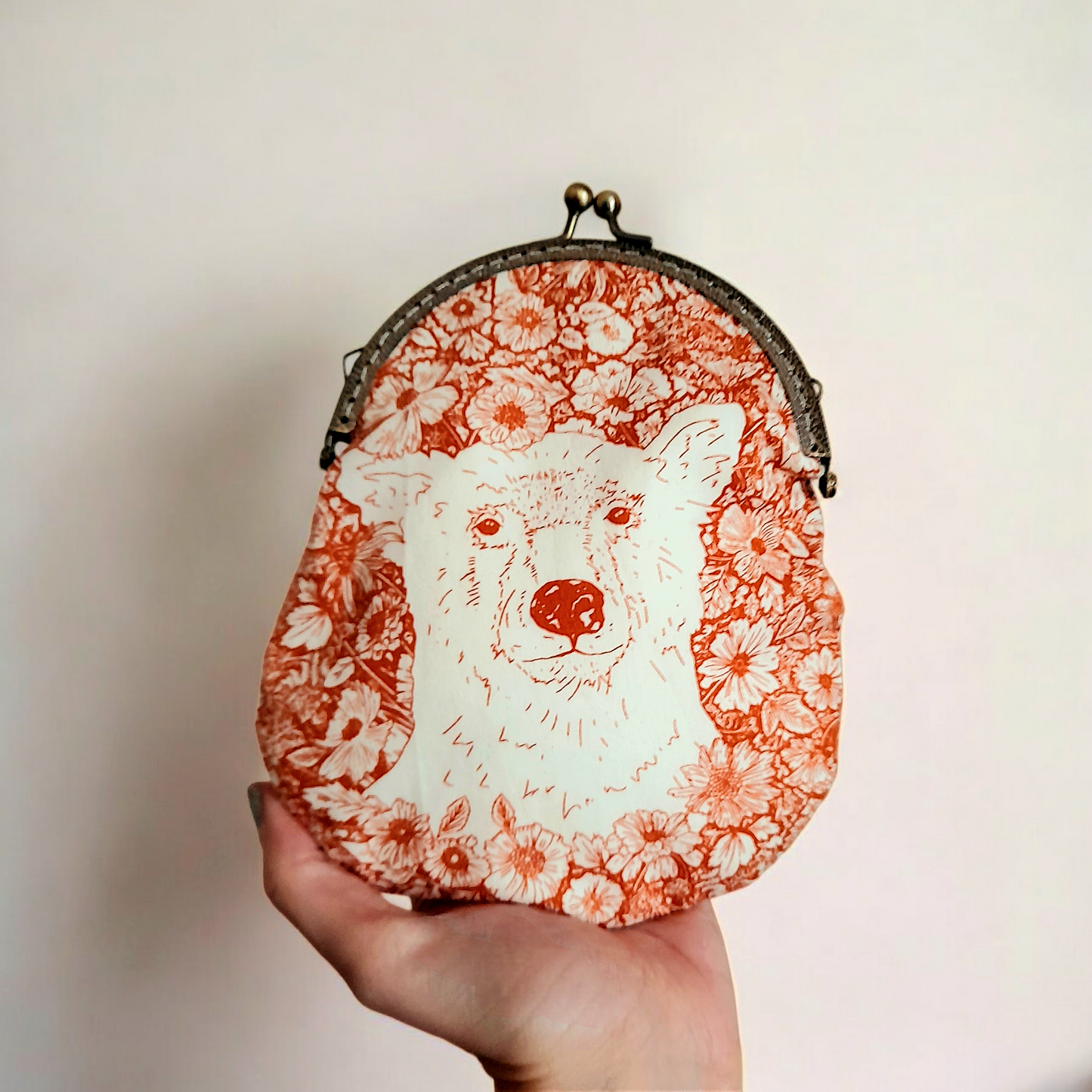 Sepia Orange White Wildflowers Bear Bronze Large Cotton Clasp Pouch