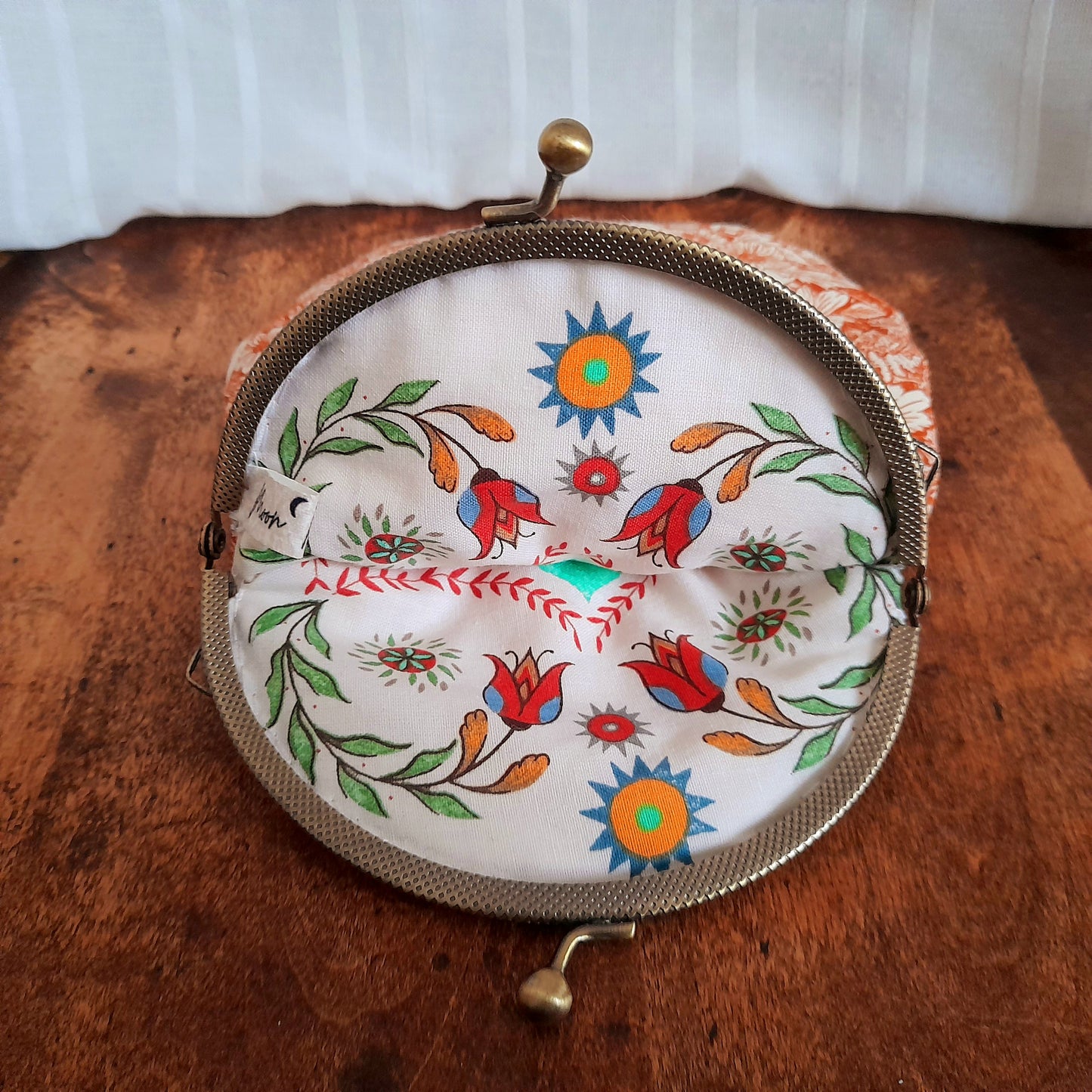 Sepia Orange White Wildflowers Bear Bronze Large Cotton Clasp Pouch