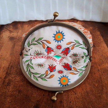 Sepia Orange White Wildflowers Bear Bronze Large Cotton Clasp Pouch