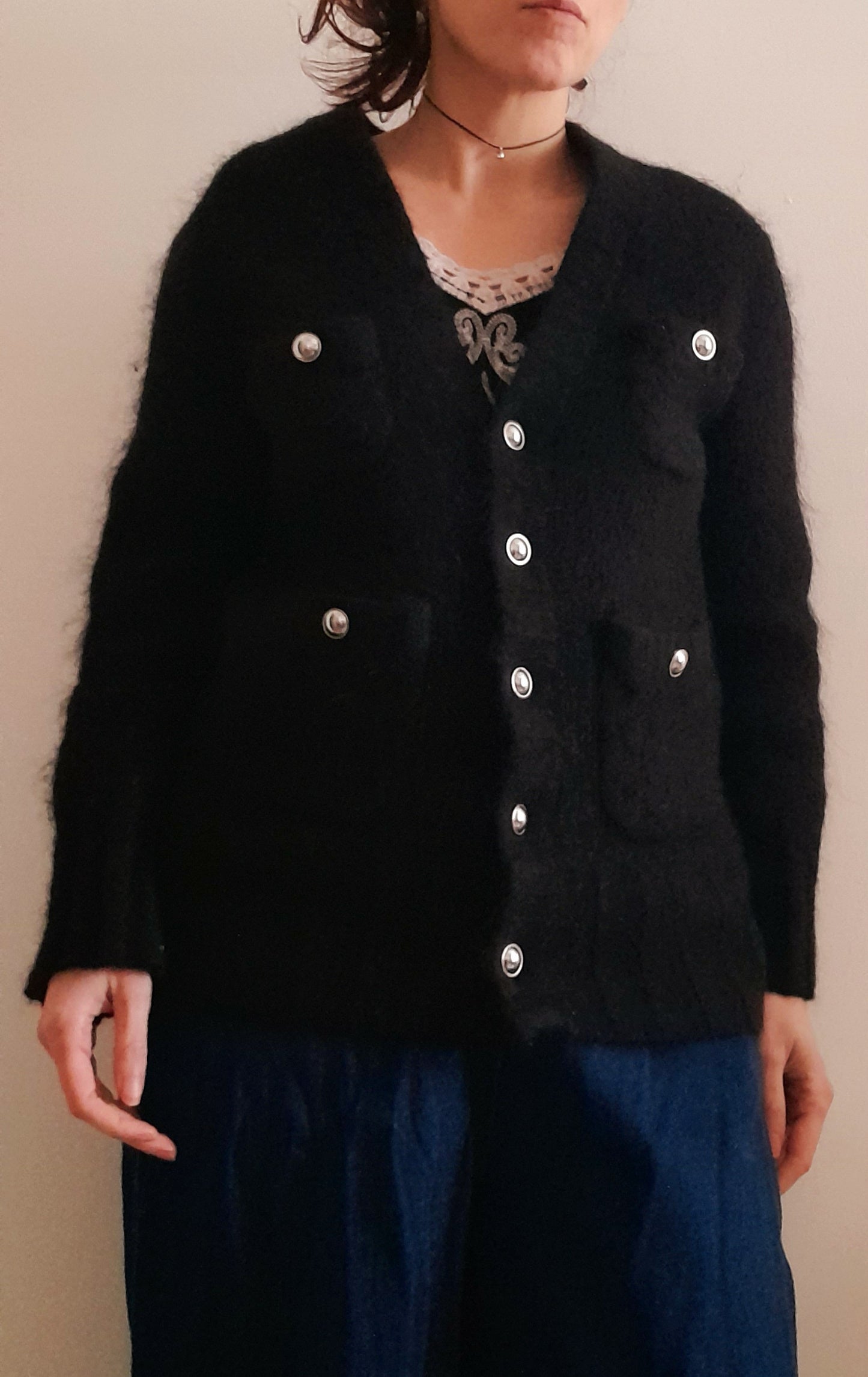 Vintage Y2K Black Fluffy Mohair Cardigan Jacket
