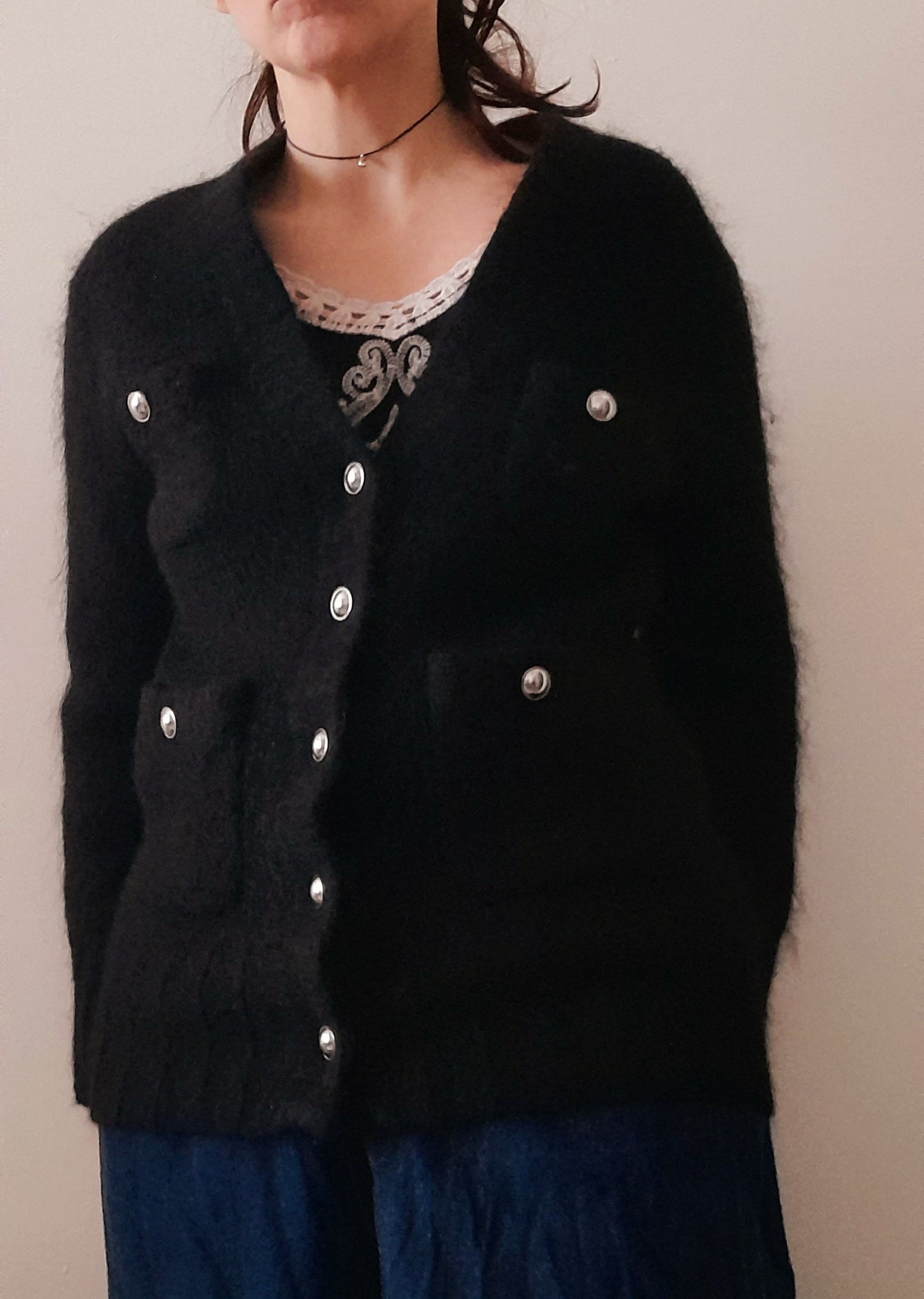 Vintage Y2K Black Fluffy Mohair Cardigan Jacket