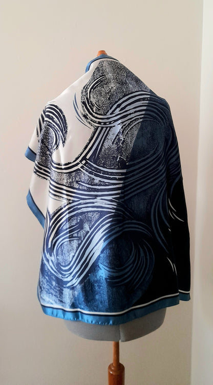 Vintage 1970s Blue Navy White Silky Abstrct Swirl Print Large Scarf