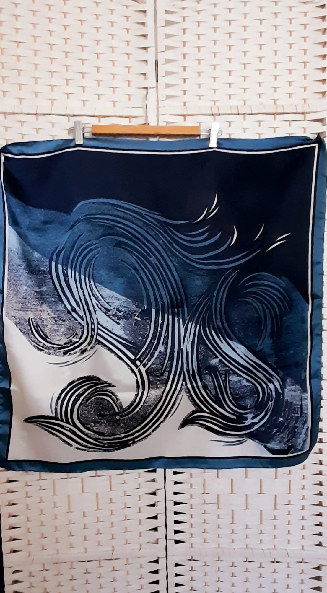 Vintage 1970s Blue Navy White Silky Abstrct Swirl Print Large Scarf