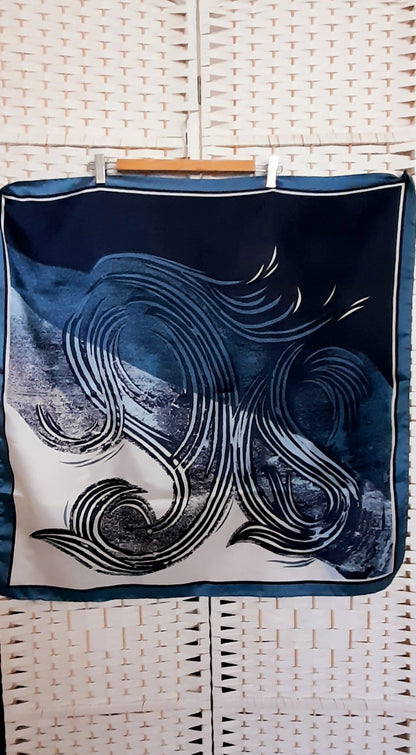 Vintage 1970s Blue Navy White Silky Abstrct Swirl Print Large Scarf