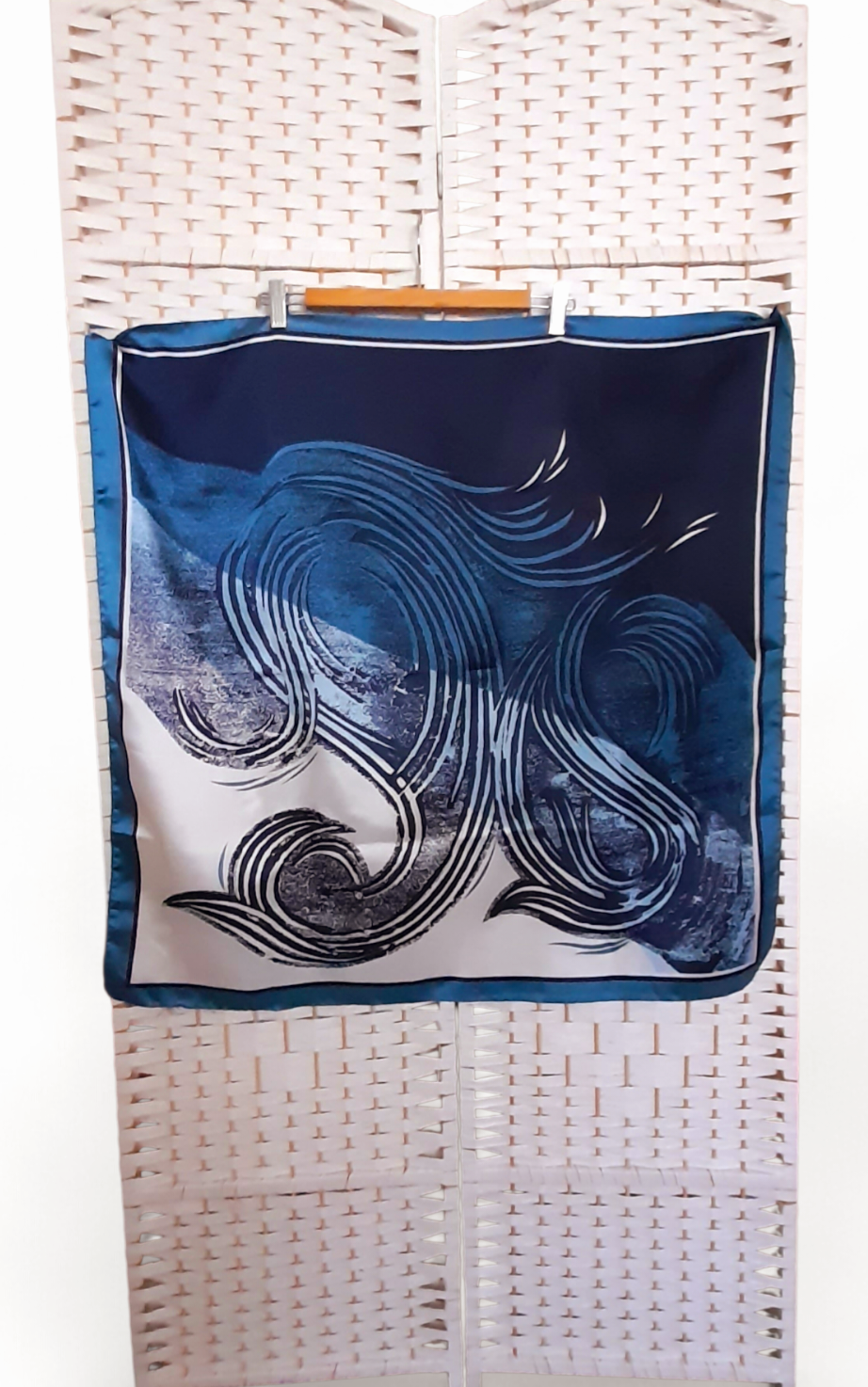 Vintage 1970s Blue Navy White Silky Abstrct Swirl Print Large Scarf