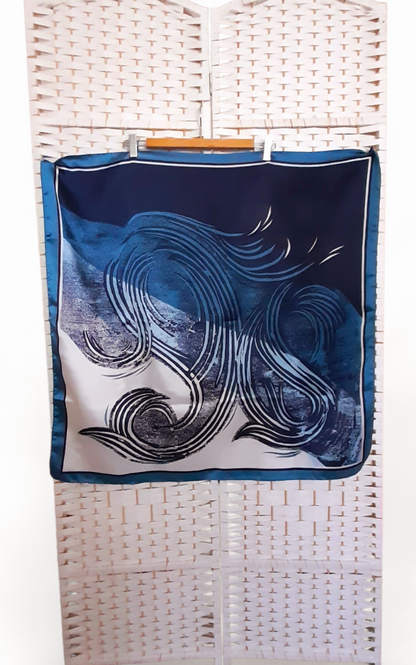 Vintage 1970s Blue Navy White Silky Abstrct Swirl Print Large Scarf