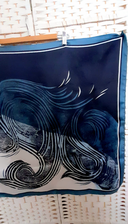 Vintage 1970s Blue Navy White Silky Abstrct Swirl Print Large Scarf