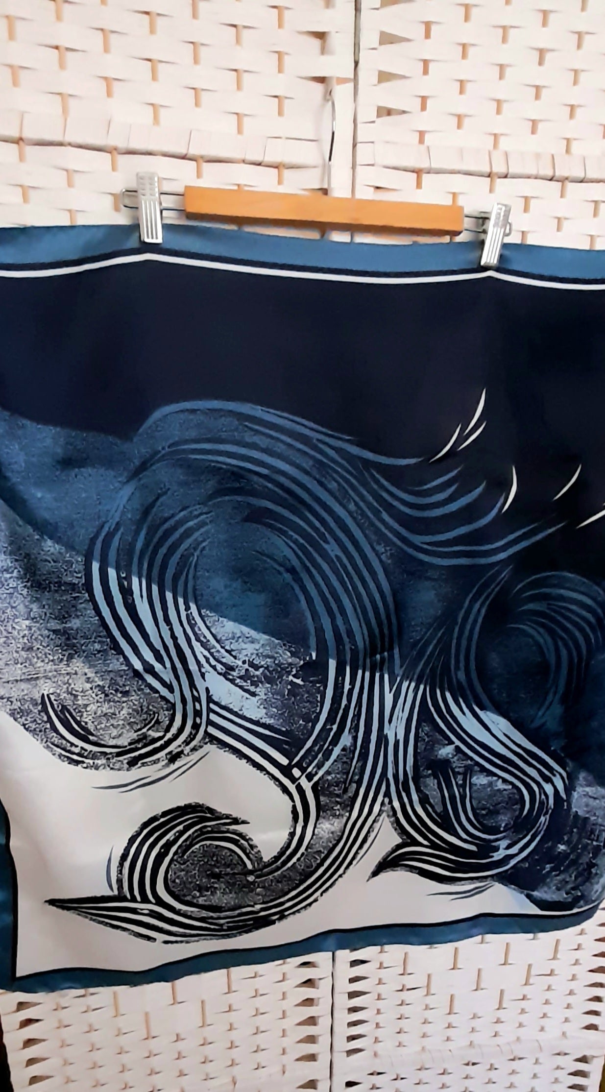 Vintage 1970s Blue Navy White Silky Abstrct Swirl Print Large Scarf