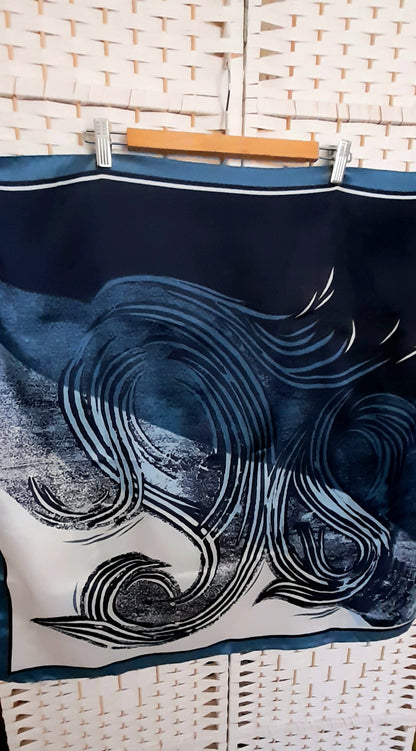 Vintage 1970s Blue Navy White Silky Abstrct Swirl Print Large Scarf
