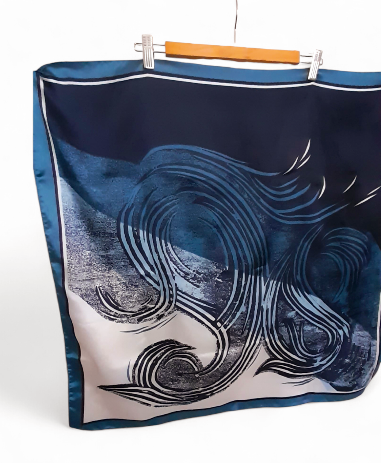 Vintage 1970s Blue Navy White Silky Abstrct Swirl Print Large Scarf