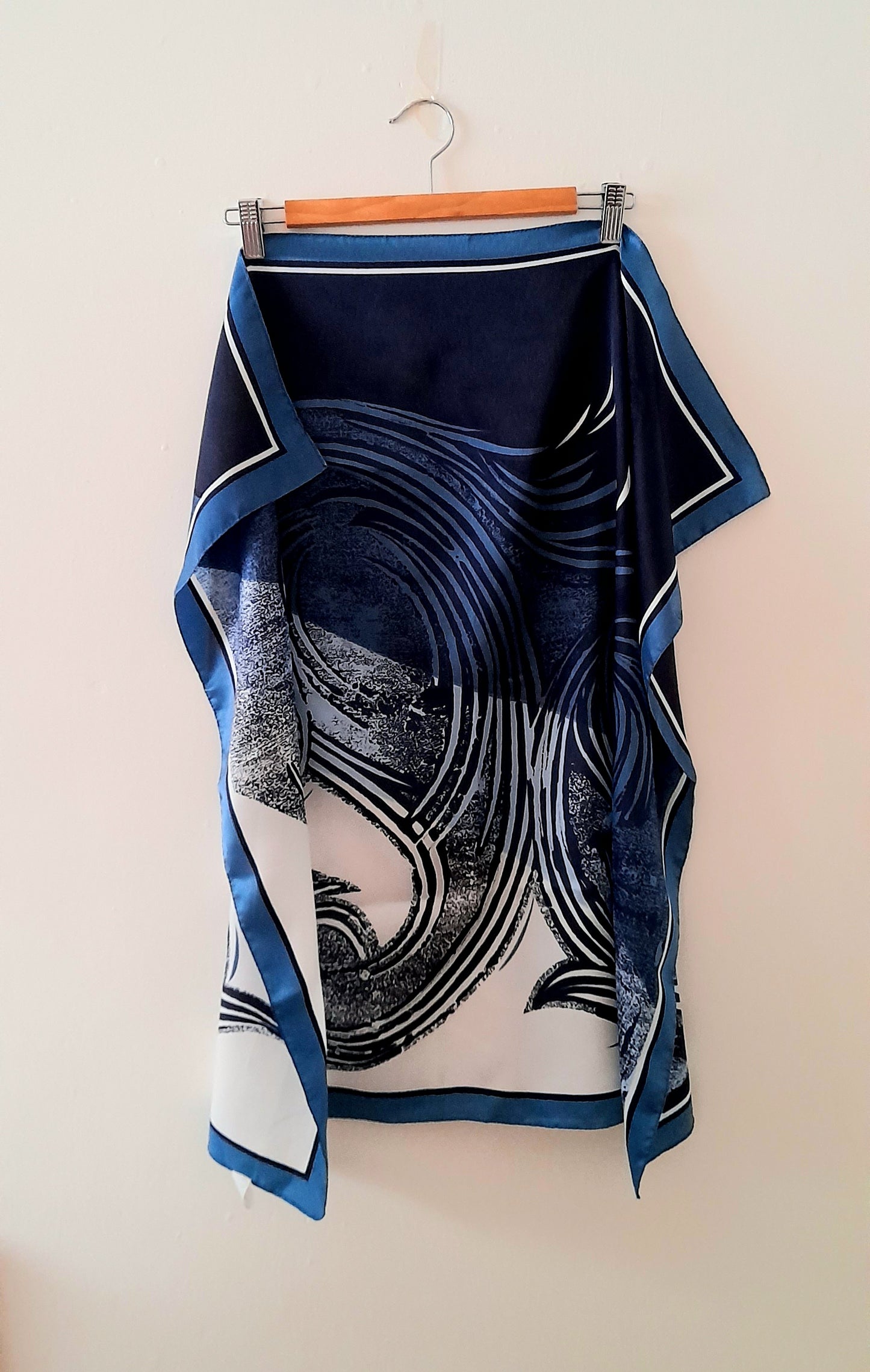 Vintage 1970s Blue Navy White Silky Abstrct Swirl Print Large Scarf