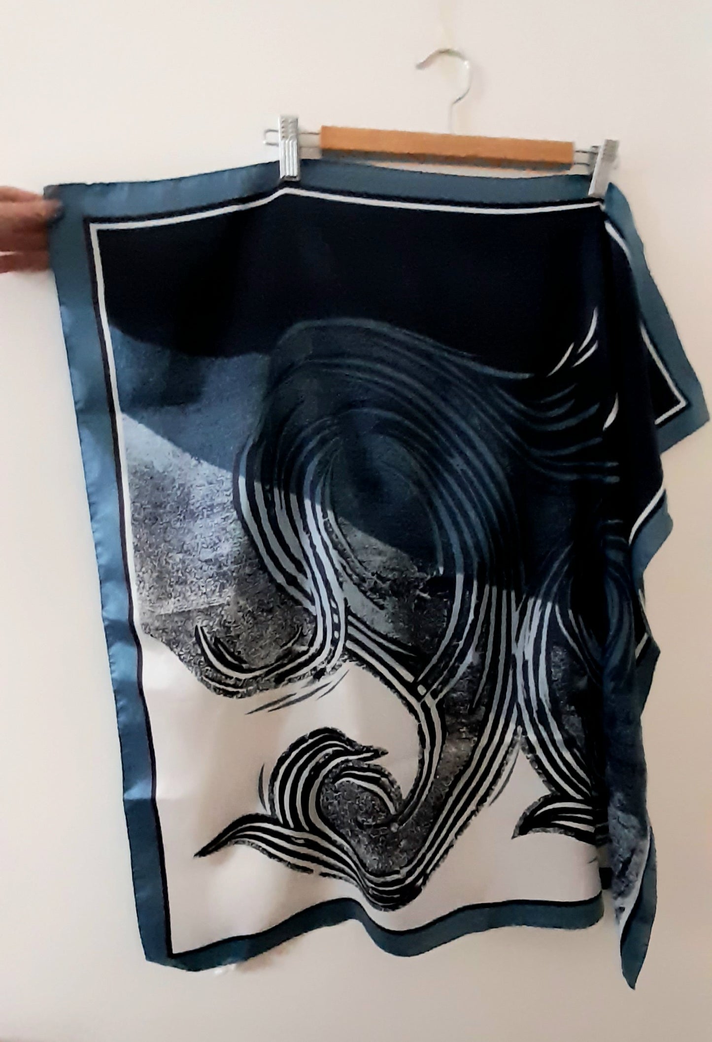 Vintage 1970s Blue Navy White Silky Abstrct Swirl Print Large Scarf