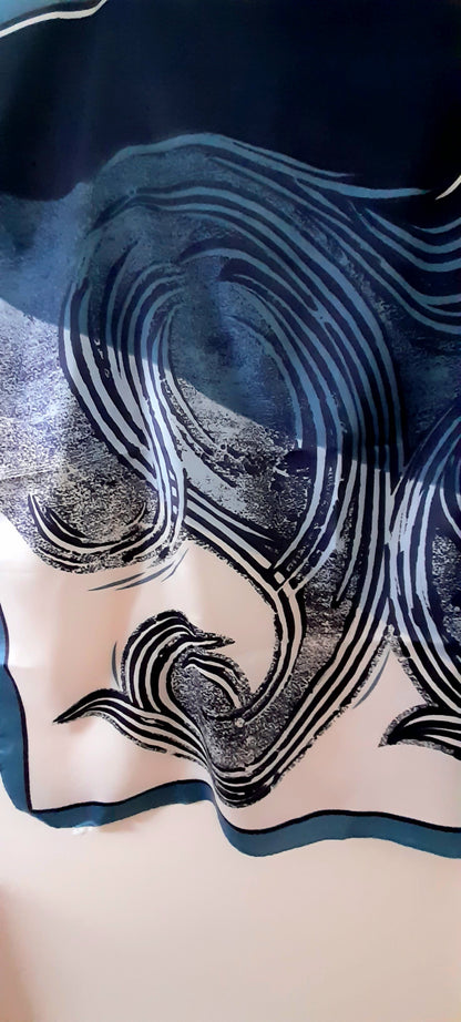 Vintage 1970s Blue Navy White Silky Abstrct Swirl Print Large Scarf