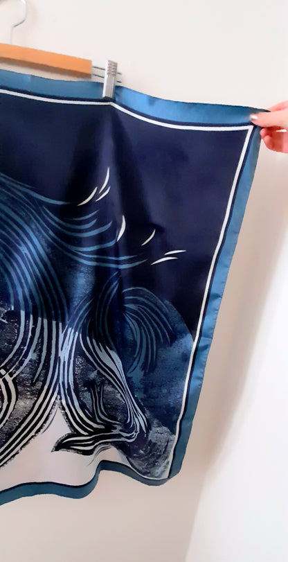 Vintage 1970s Blue Navy White Silky Abstrct Swirl Print Large Scarf