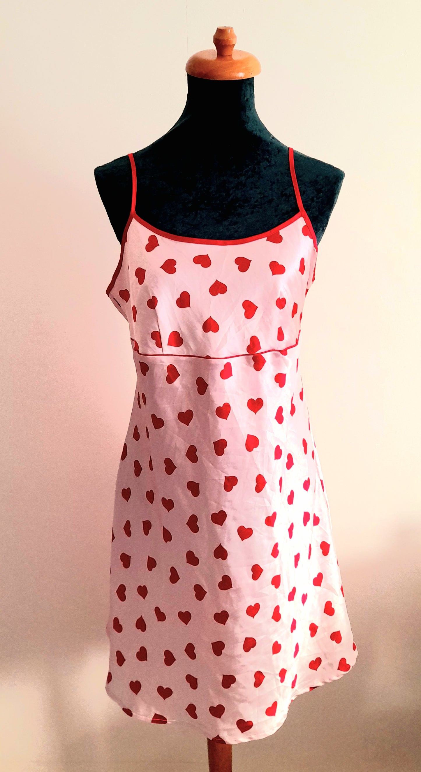 Pink Red Heart Print Vintage Y2K Satin Camisole Dress