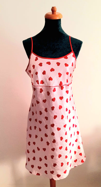 Pink Red Heart Print Vintage Y2K Satin Camisole Dress