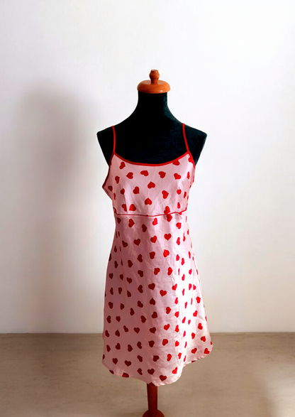 Pink Red Heart Print Vintage Y2K Satin Camisole Dress