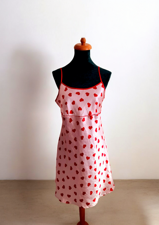 Pink Red Heart Print Vintage Y2K Satin Camisole Dress