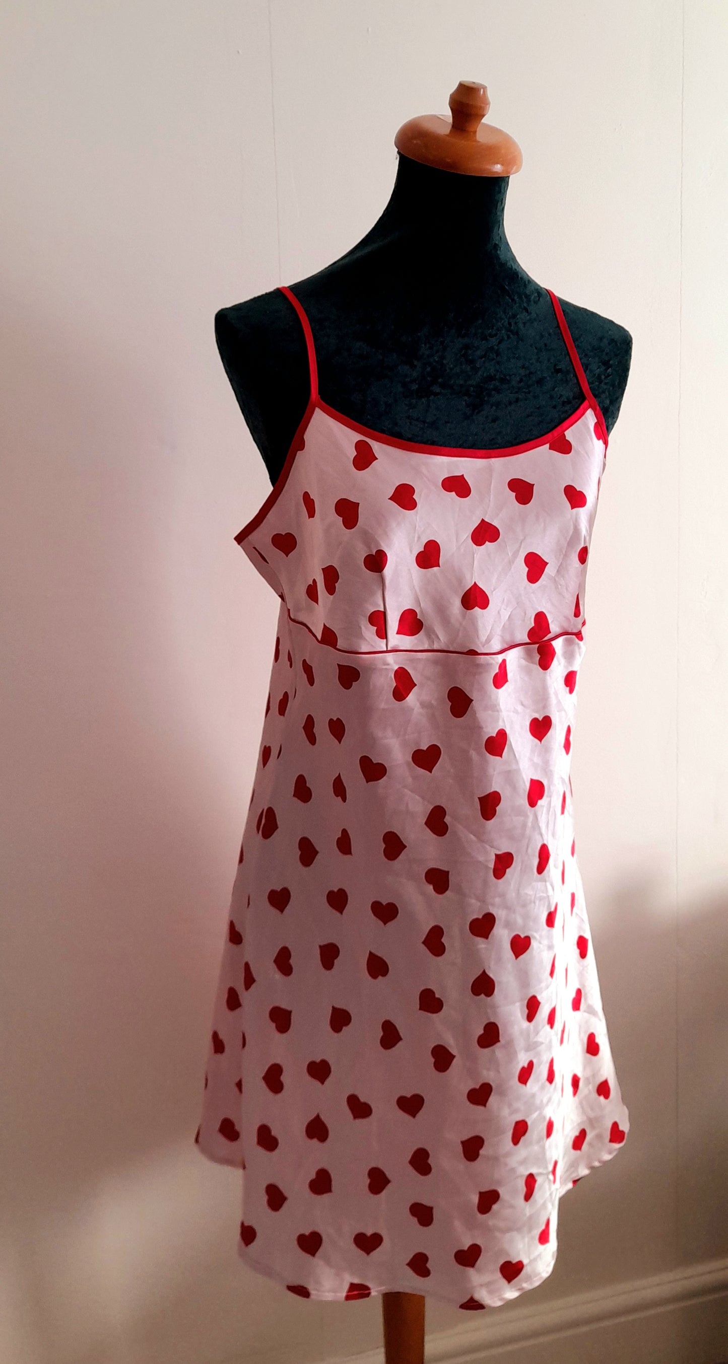 Pink Red Heart Print Vintage Y2K Satin Camisole Dress