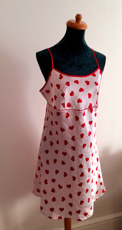 Pink Red Heart Print Vintage Y2K Satin Camisole Dress