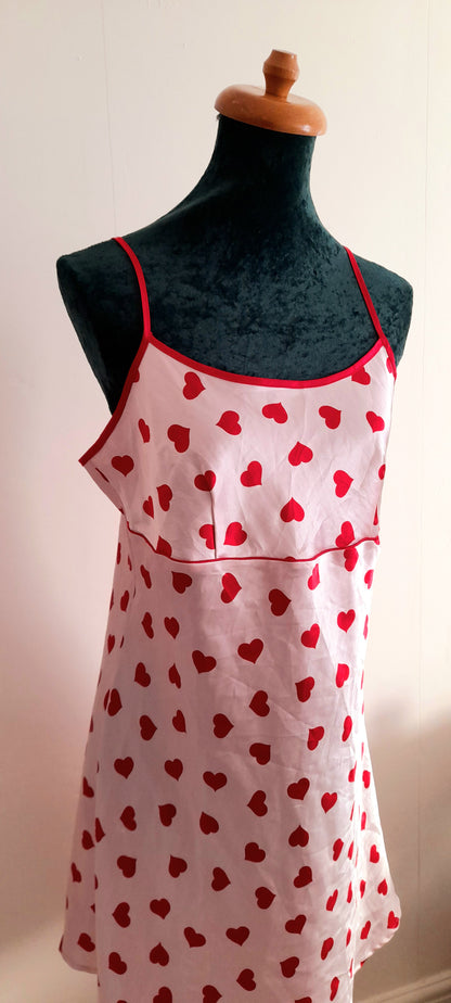 Pink Red Heart Print Vintage Y2K Satin Camisole Dress