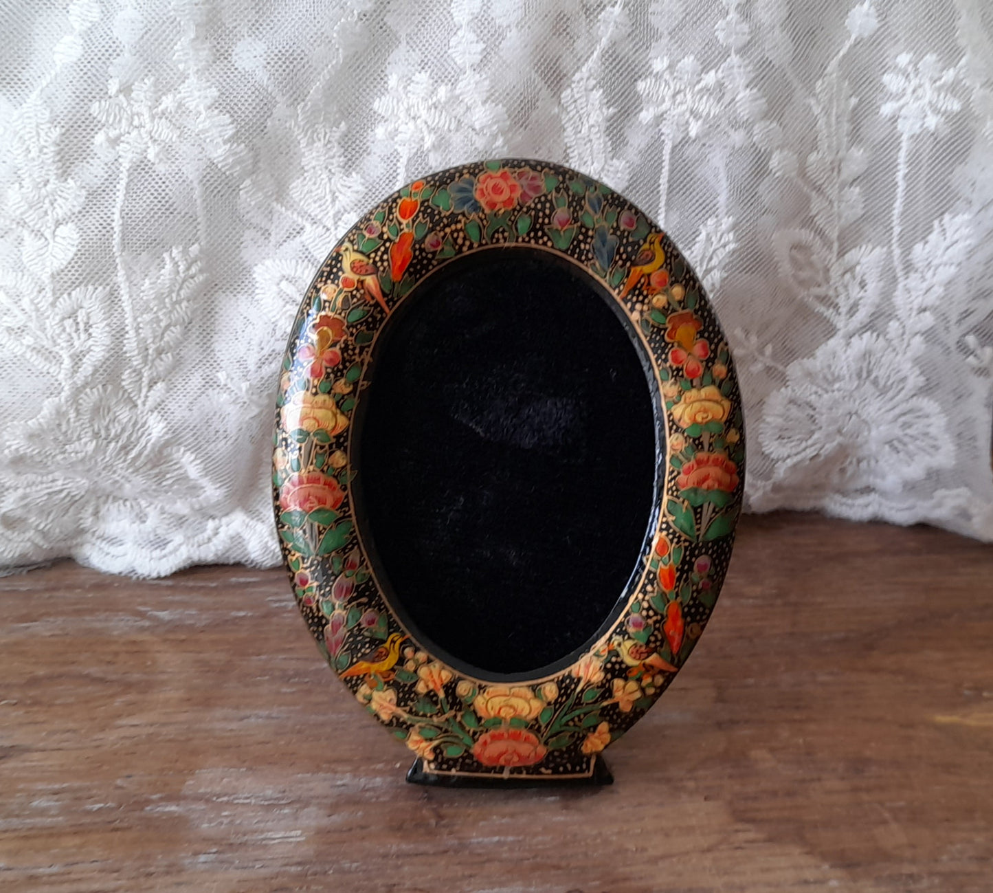 Vintage Indian Kashmir Handpainted Wood Lacquer Flowers Birds Velvet Picture Frame