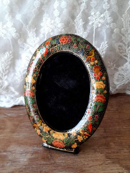 Vintage Indian Kashmir Handpainted Wood Lacquer Flowers Birds Velvet Picture Frame