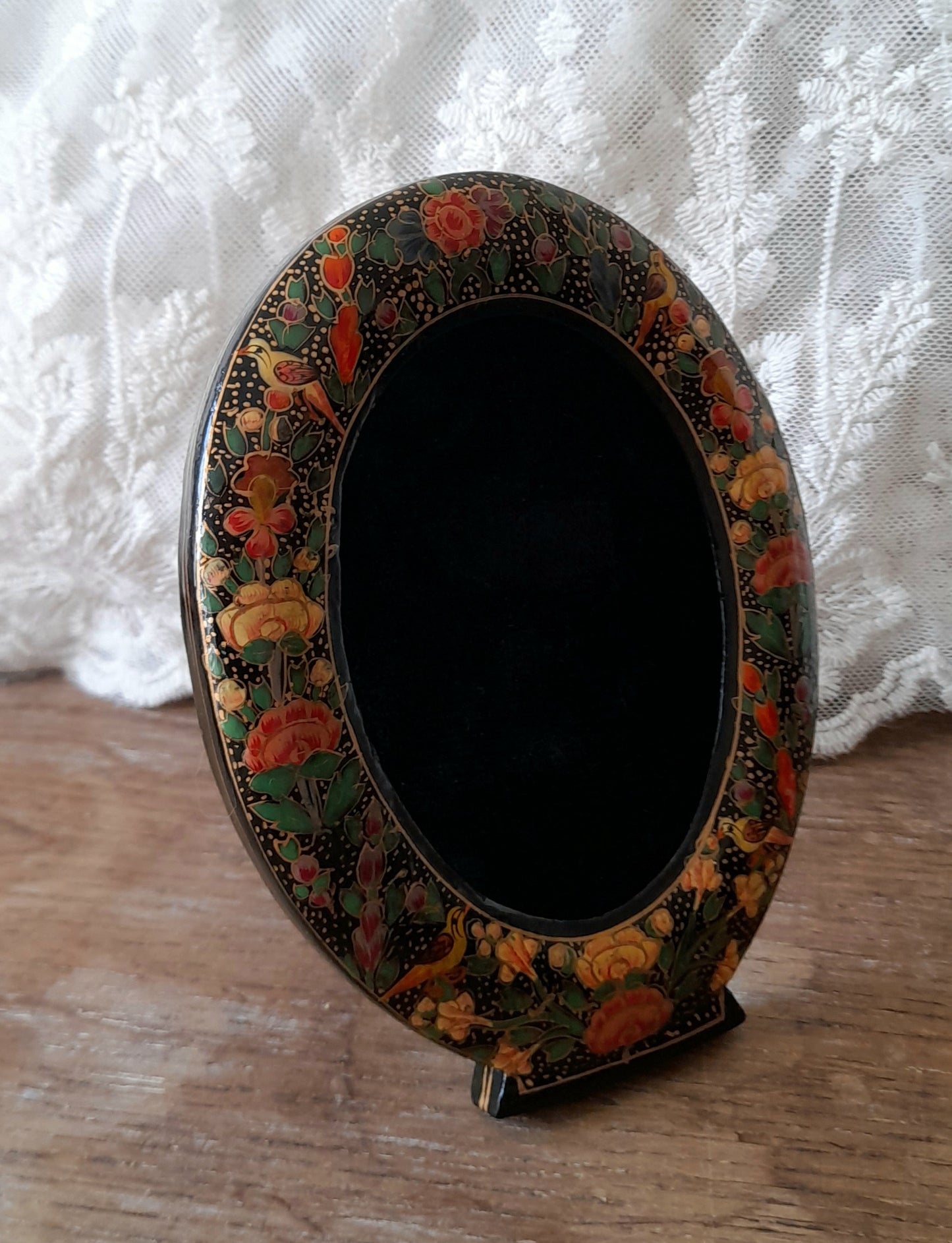 Vintage Indian Kashmir Handpainted Wood Lacquer Flowers Birds Velvet Picture Frame