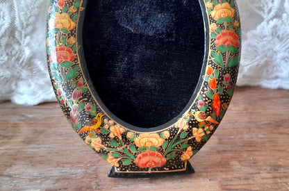 Vintage Indian Kashmir Handpainted Wood Lacquer Flowers Birds Velvet Picture Frame