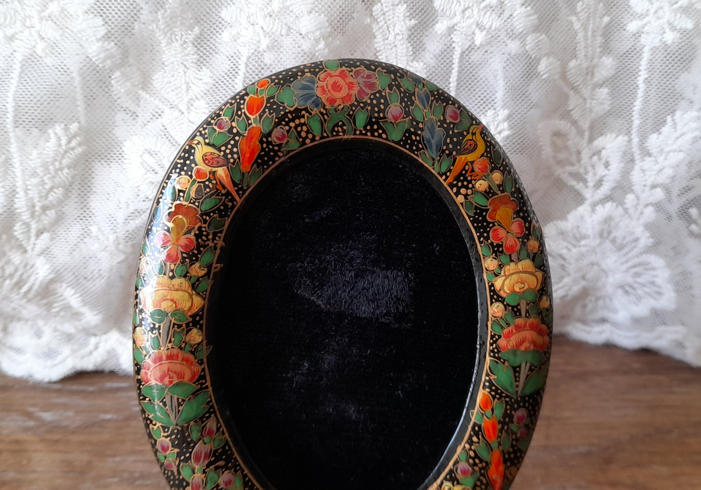 Vintage Indian Kashmir Handpainted Wood Lacquer Flowers Birds Velvet Picture Frame