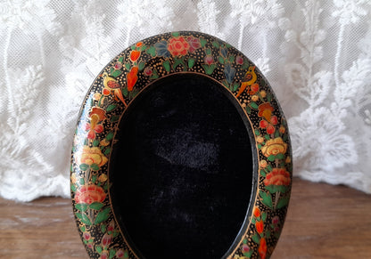 Vintage Indian Kashmir Handpainted Wood Lacquer Flowers Birds Velvet Picture Frame