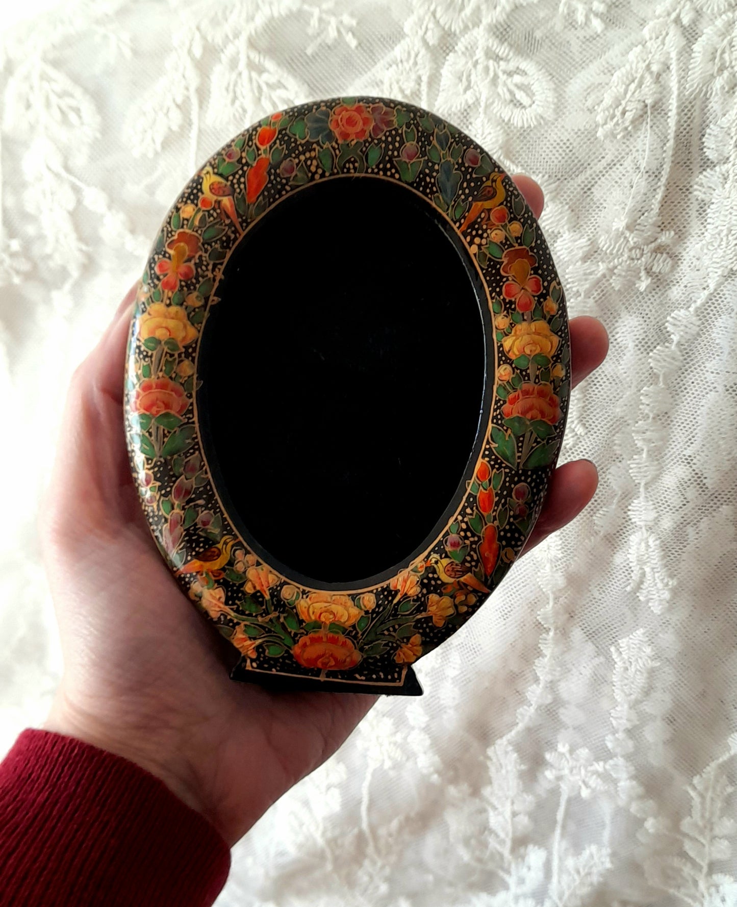 Vintage Indian Kashmir Handpainted Wood Lacquer Flowers Birds Velvet Picture Frame