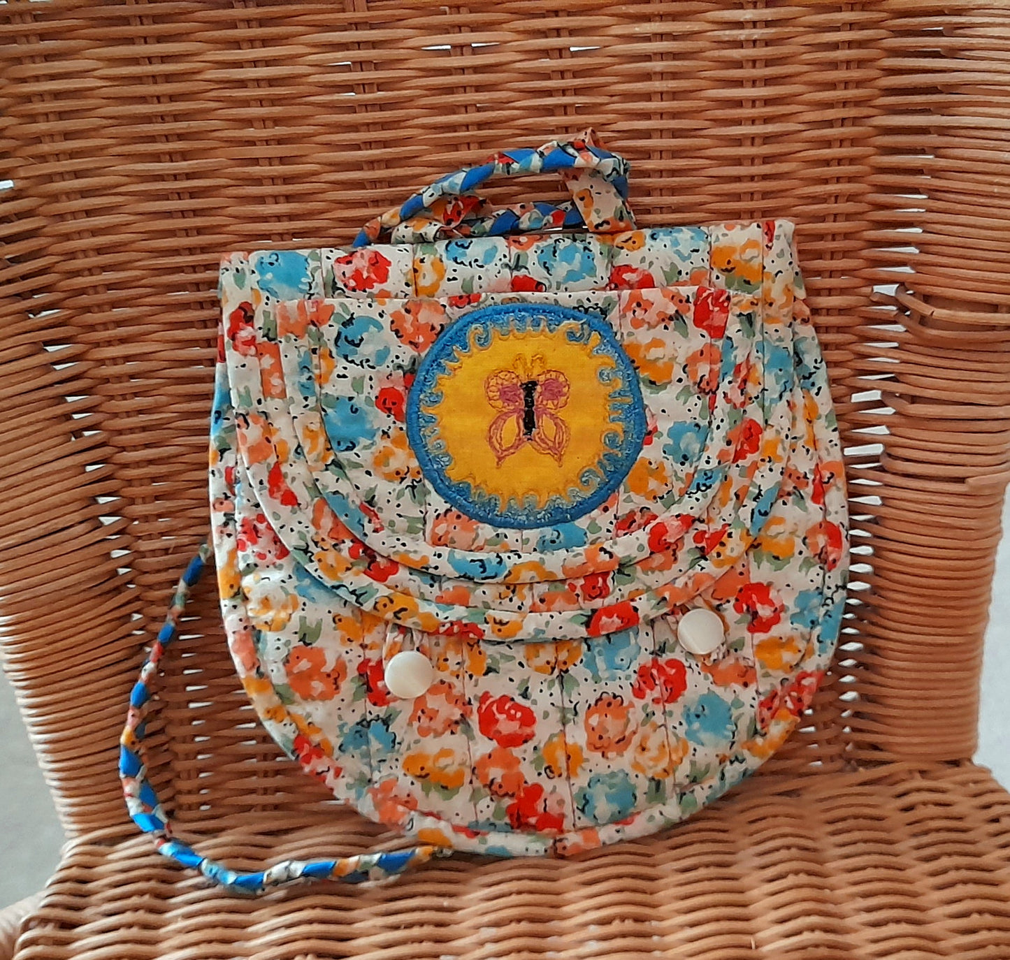 Vintage 60s Retro Handsewn Cotton Floral Butterfly Patch Quilt Button Bag