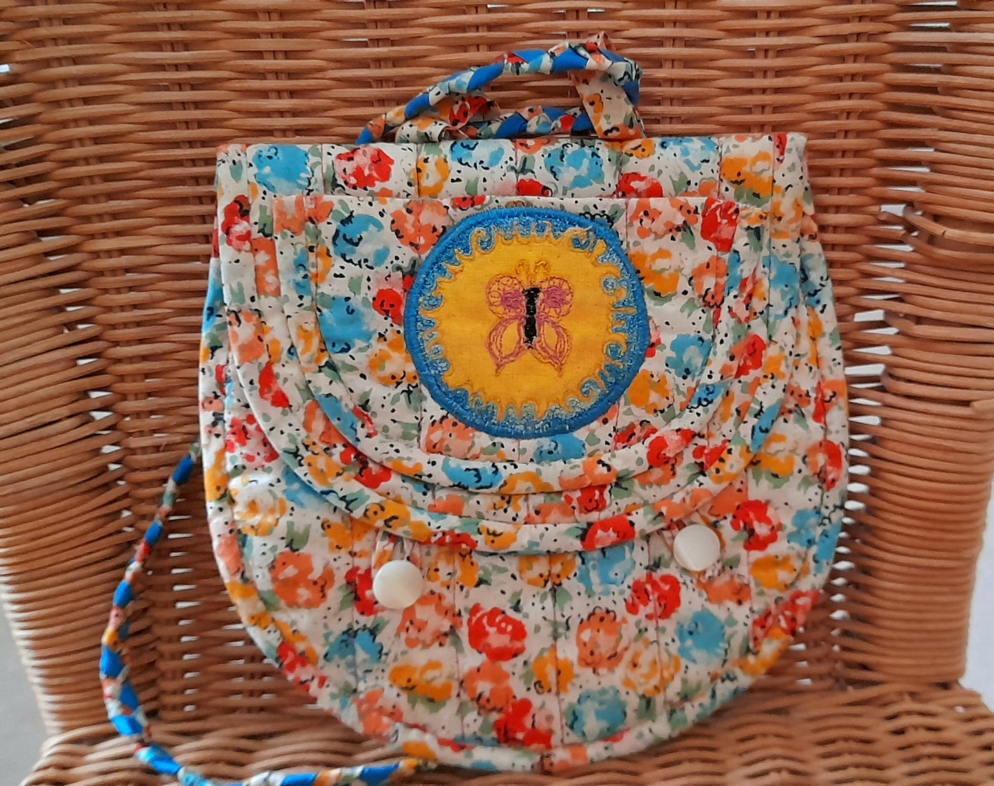 Vintage 60s Retro Handsewn Cotton Floral Butterfly Patch Quilt Button Bag