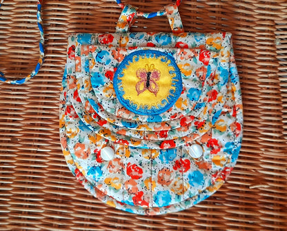 Vintage 60s Retro Handsewn Cotton Floral Butterfly Patch Quilt Button Bag