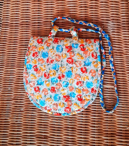 Vintage 60s Retro Handsewn Cotton Floral Butterfly Patch Quilt Button Bag