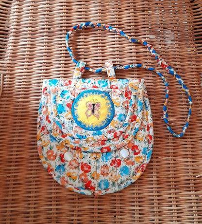 Vintage 60s Retro Handsewn Cotton Floral Butterfly Patch Quilt Button Bag