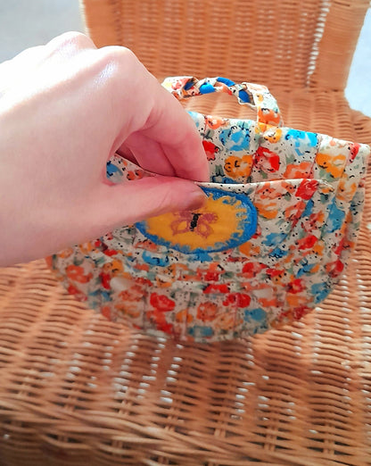 Vintage 60s Retro Handsewn Cotton Floral Butterfly Patch Quilt Button Bag