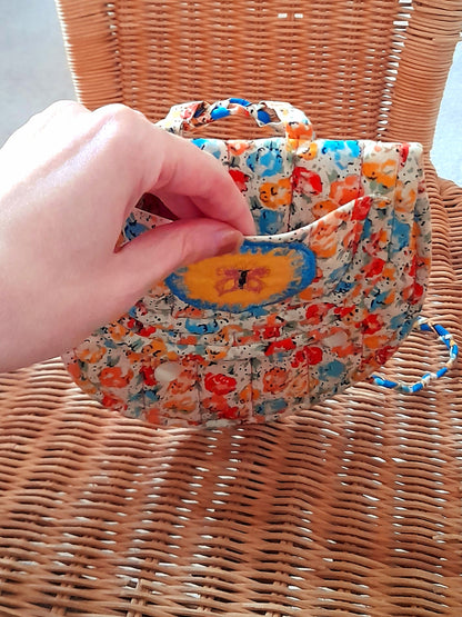 Vintage 60s Retro Handsewn Cotton Floral Butterfly Patch Quilt Button Bag