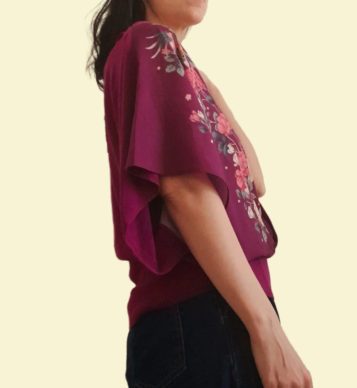 Purple Chiffon Knitted Birds Flowers OASIS Boho Blouse Top