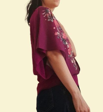 Purple Chiffon Knitted Birds Flowers OASIS Boho Blouse Top