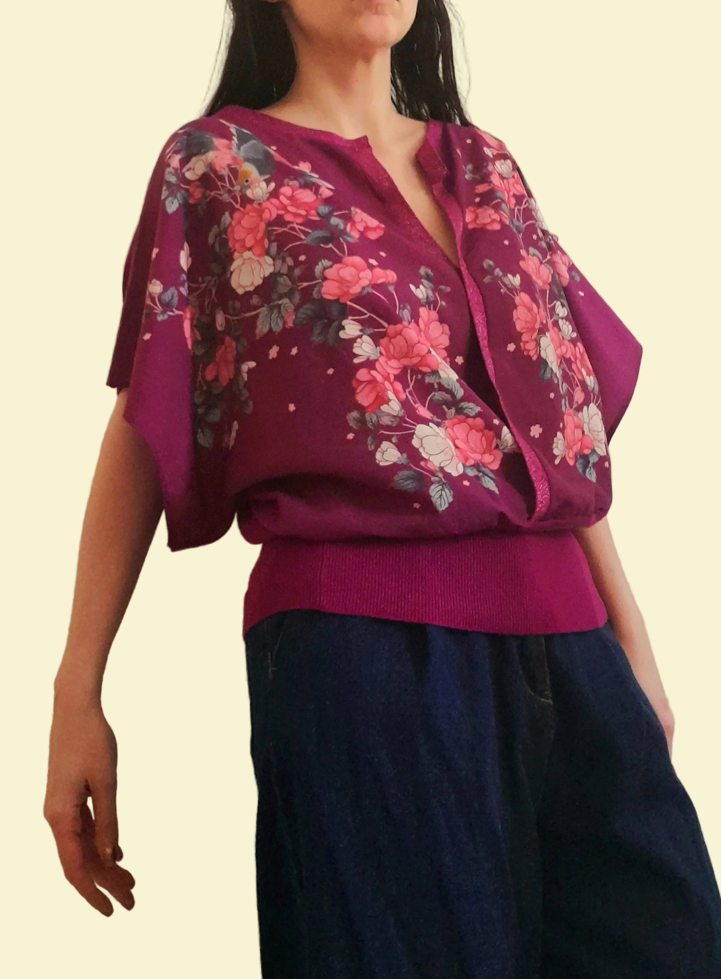 Purple Chiffon Knitted Birds Flowers OASIS Boho Blouse Top