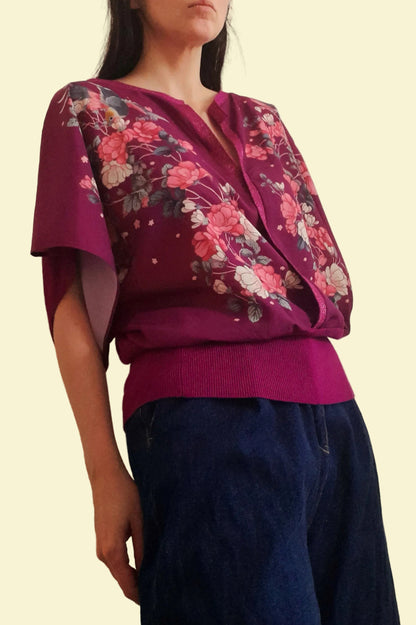 Purple Chiffon Knitted Birds Flowers OASIS Boho Blouse Top