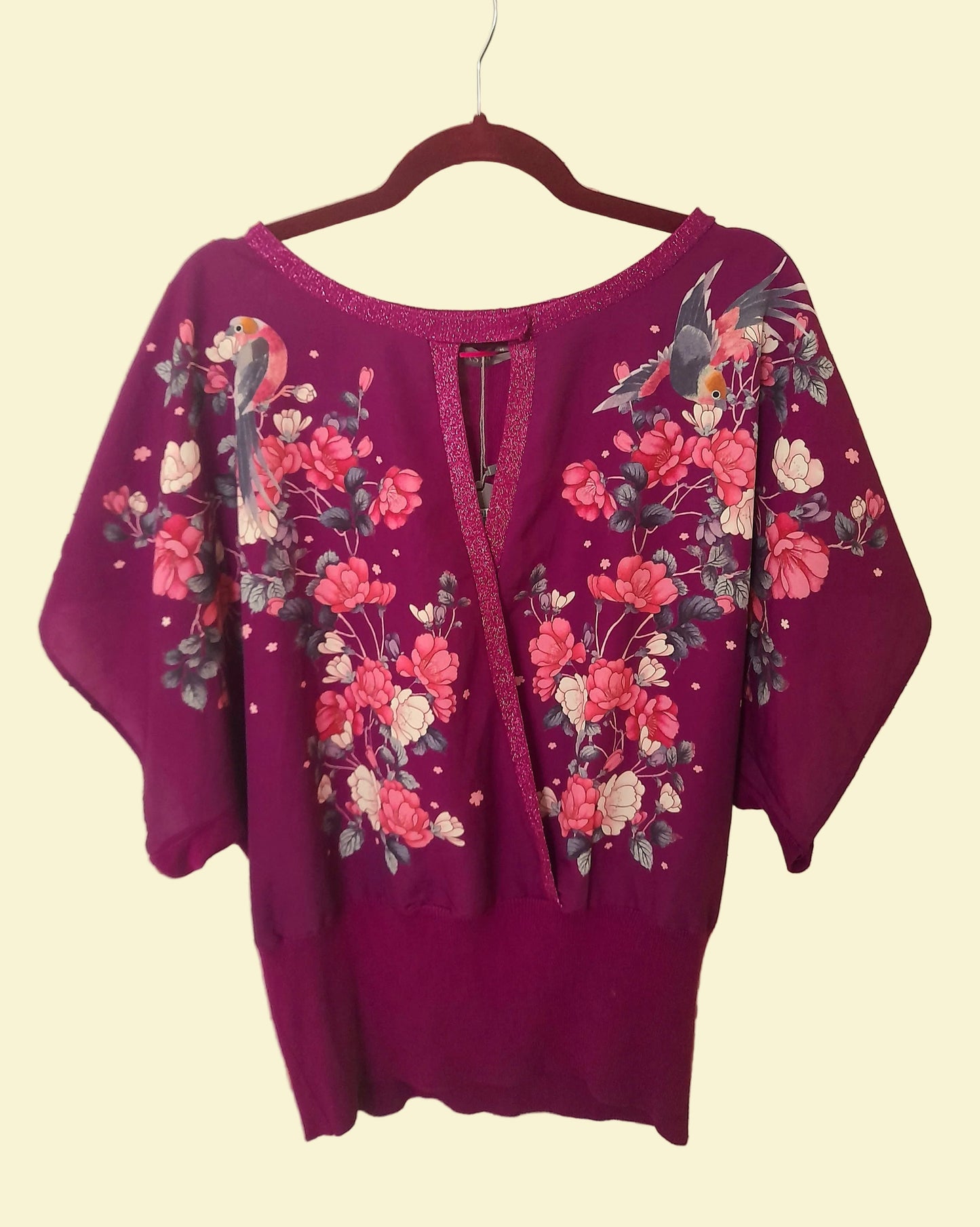 Purple Chiffon Knitted Birds Flowers OASIS Boho Blouse Top