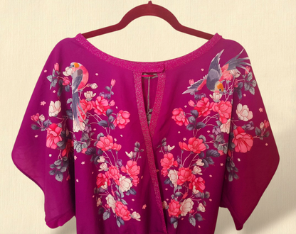 Purple Chiffon Knitted Birds Flowers OASIS Boho Blouse Top