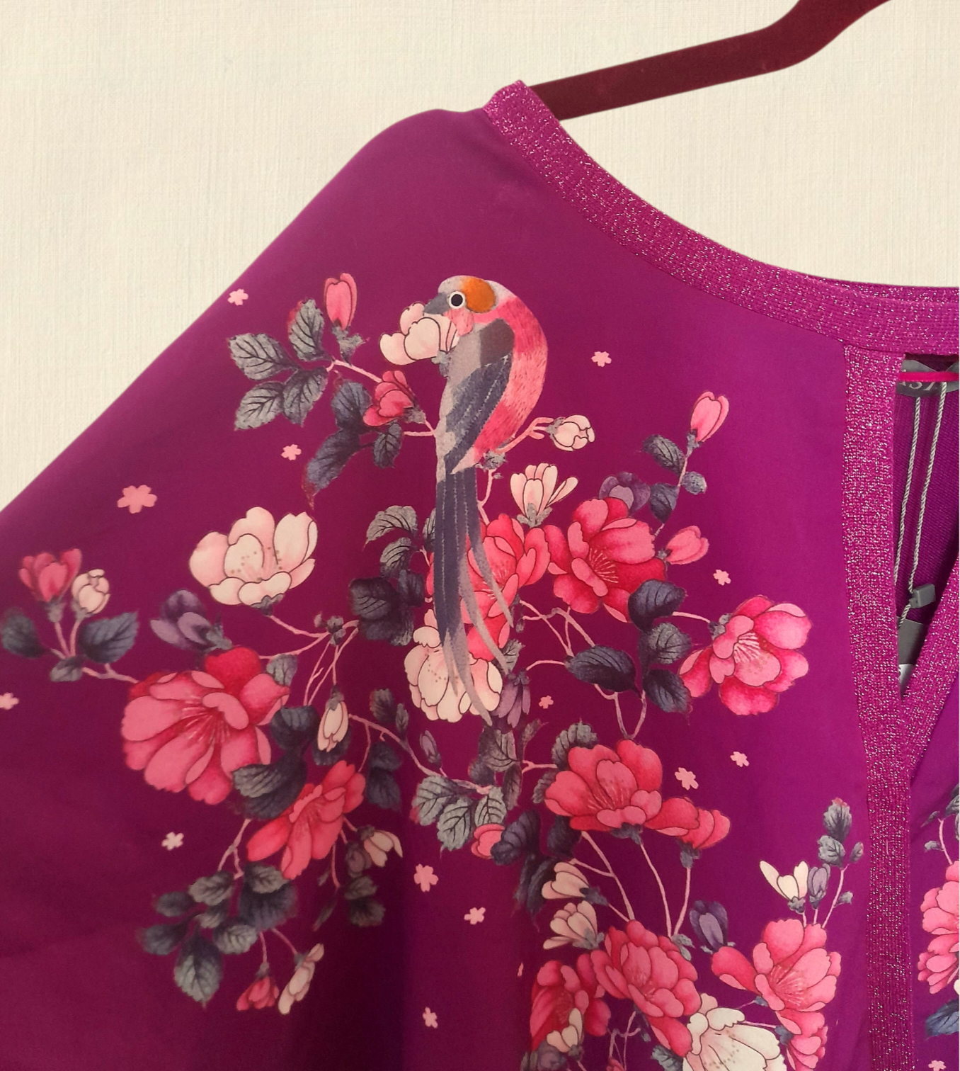 Purple Chiffon Knitted Birds Flowers OASIS Boho Blouse Top