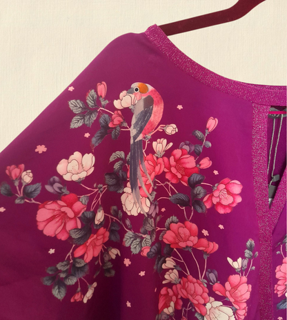 Purple Chiffon Knitted Birds Flowers OASIS Boho Blouse Top